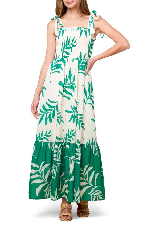 Leaf Print Tie Strap Tiered Maxi Dress