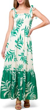 FLYING TOMATO Leaf Print Tie Strap Tiered Maxi Dress