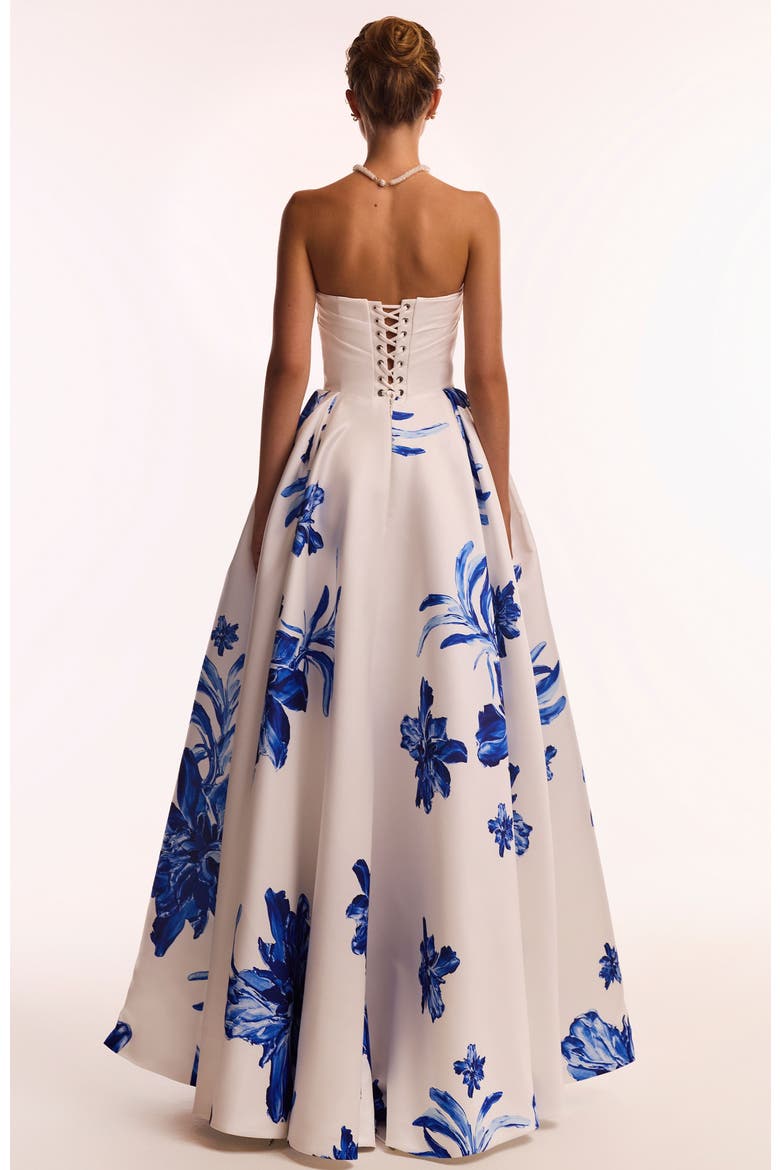 Strapless A-Line Floral Formal Occasion Maxi Dress in White & Blue, Alternate, color, White-Blue