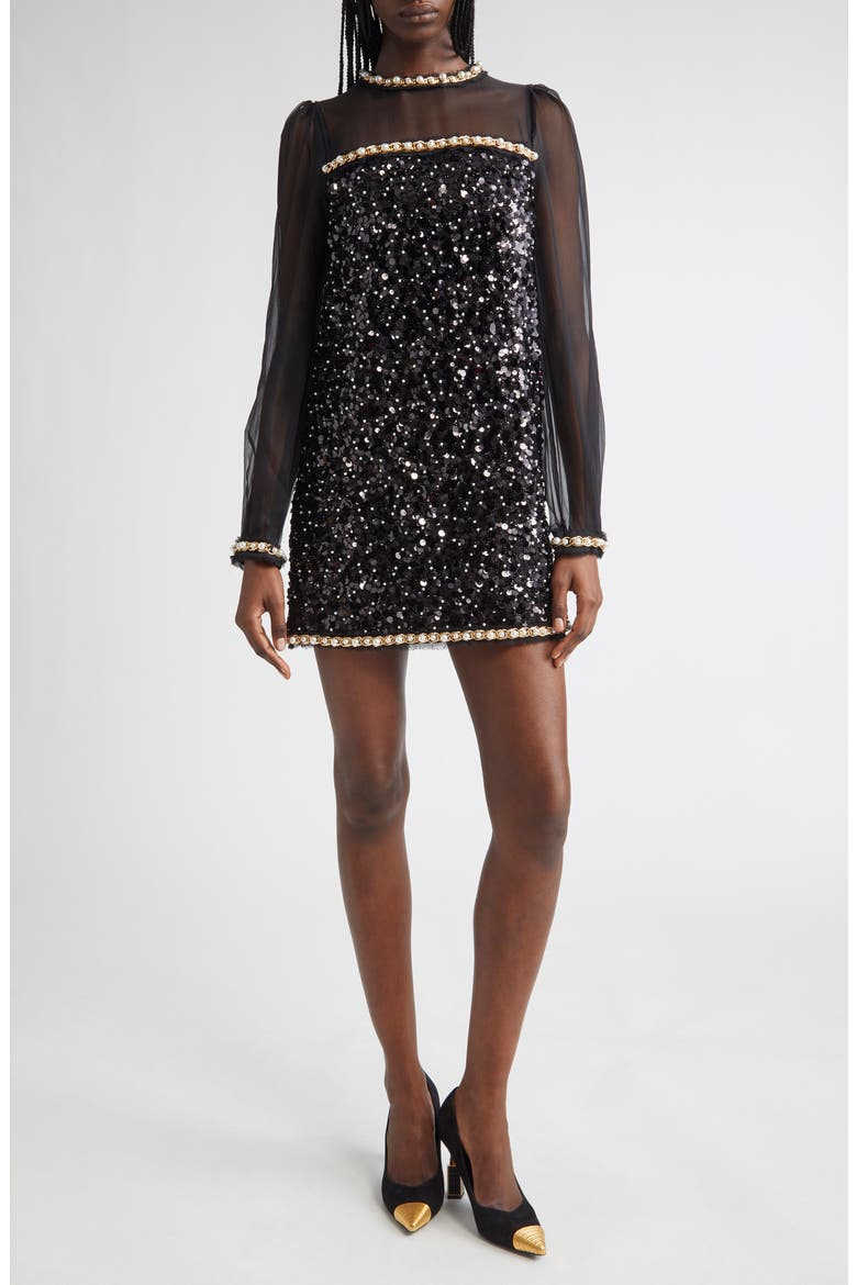 Embellished Long Sleeve Shift Dress, Main, color, BLACK MULTI