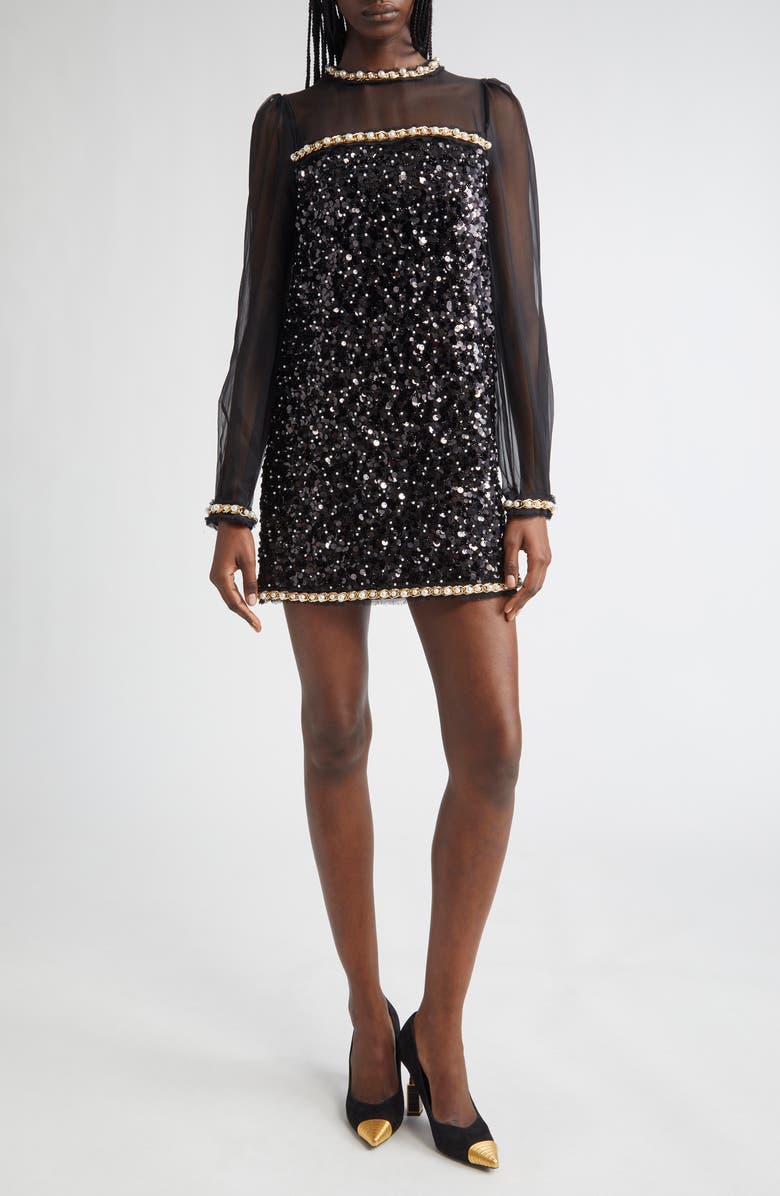 Balmain Embellished Long Sleeve Shift Dress, Main, color, 