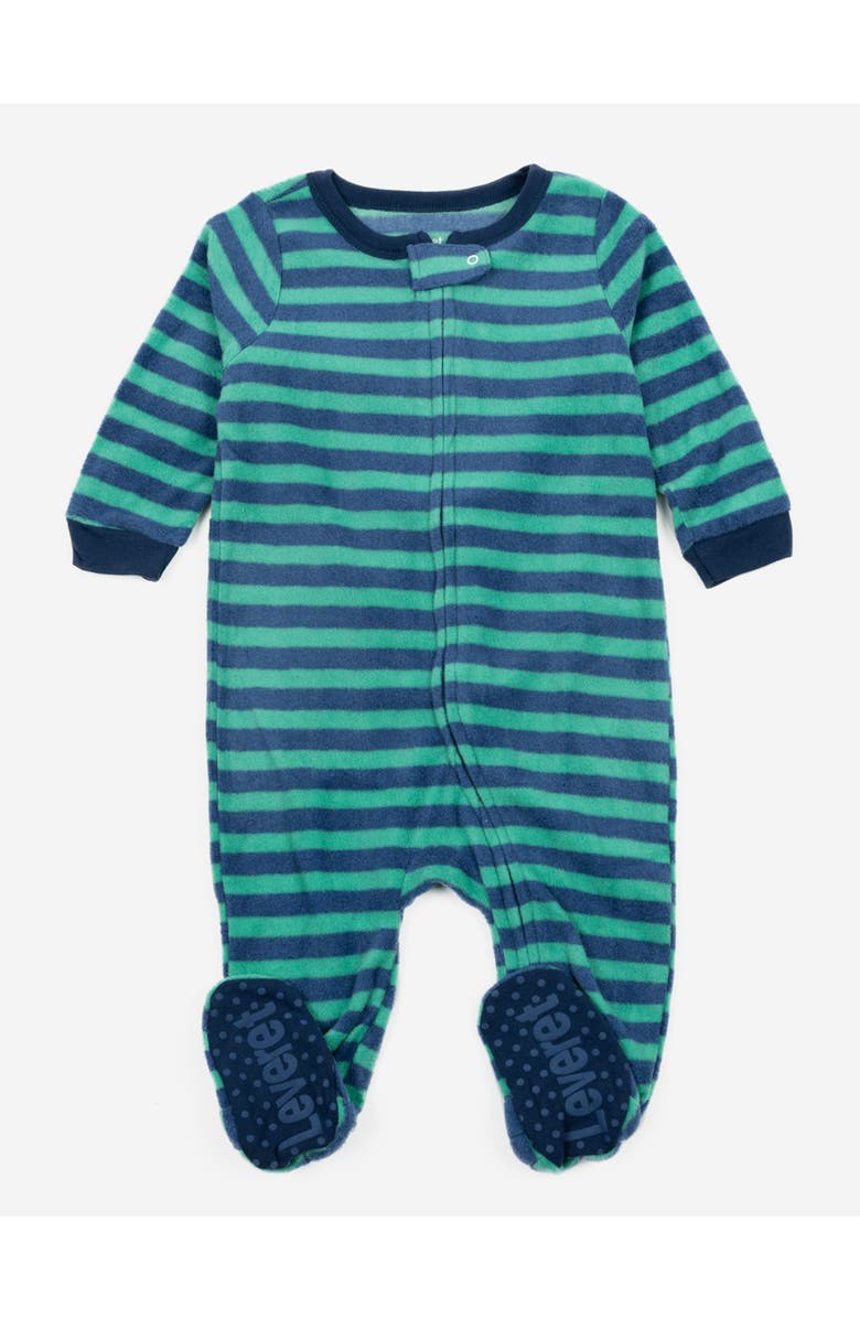 Leveret Footed Fleece Printed Holiday Pajamas, Main, color, Striped Blue & Green