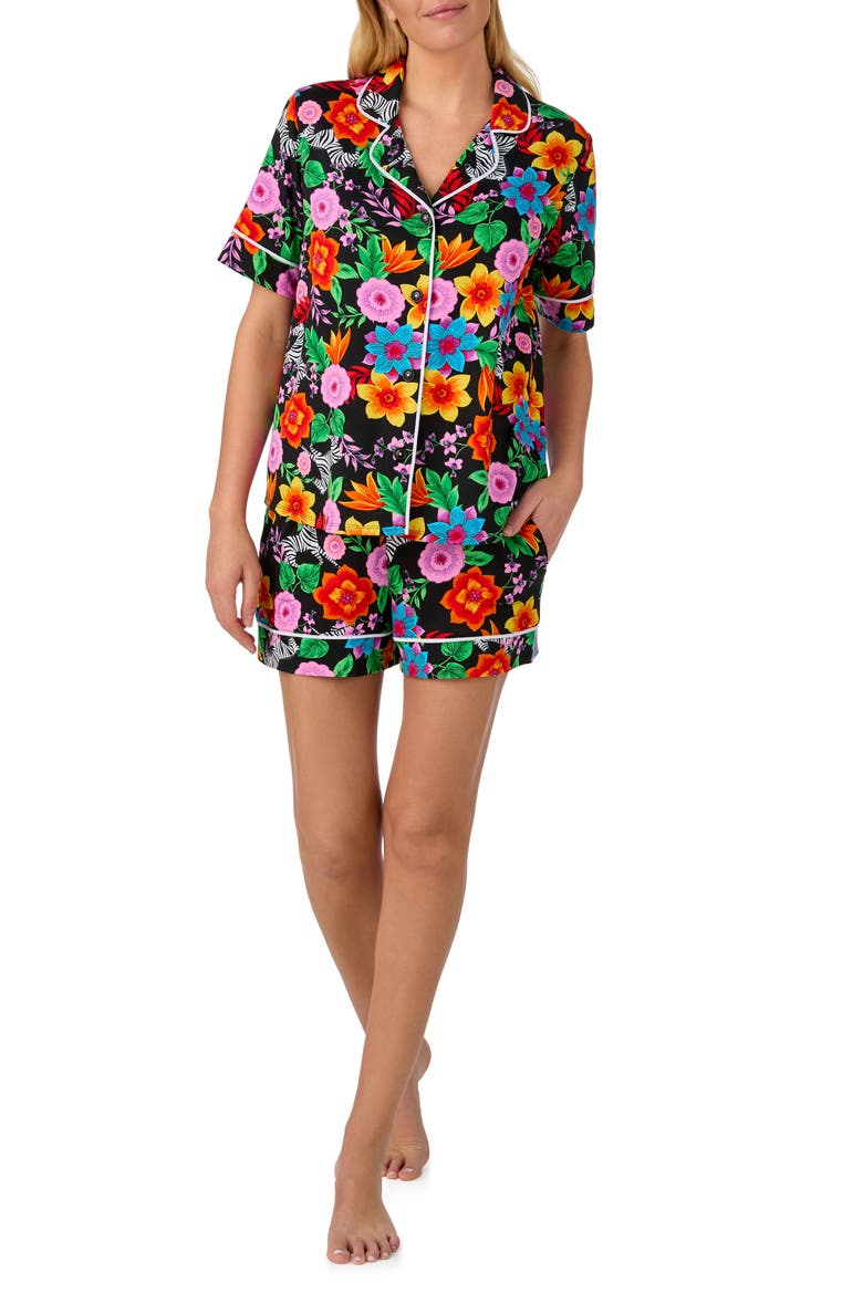 Piped Print Short Pajamas, Main, color, BLACK FLORAL