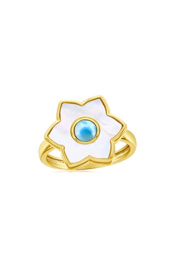 Simona Larimar & Mother-of-pearl Flower Ring In Blue/gold