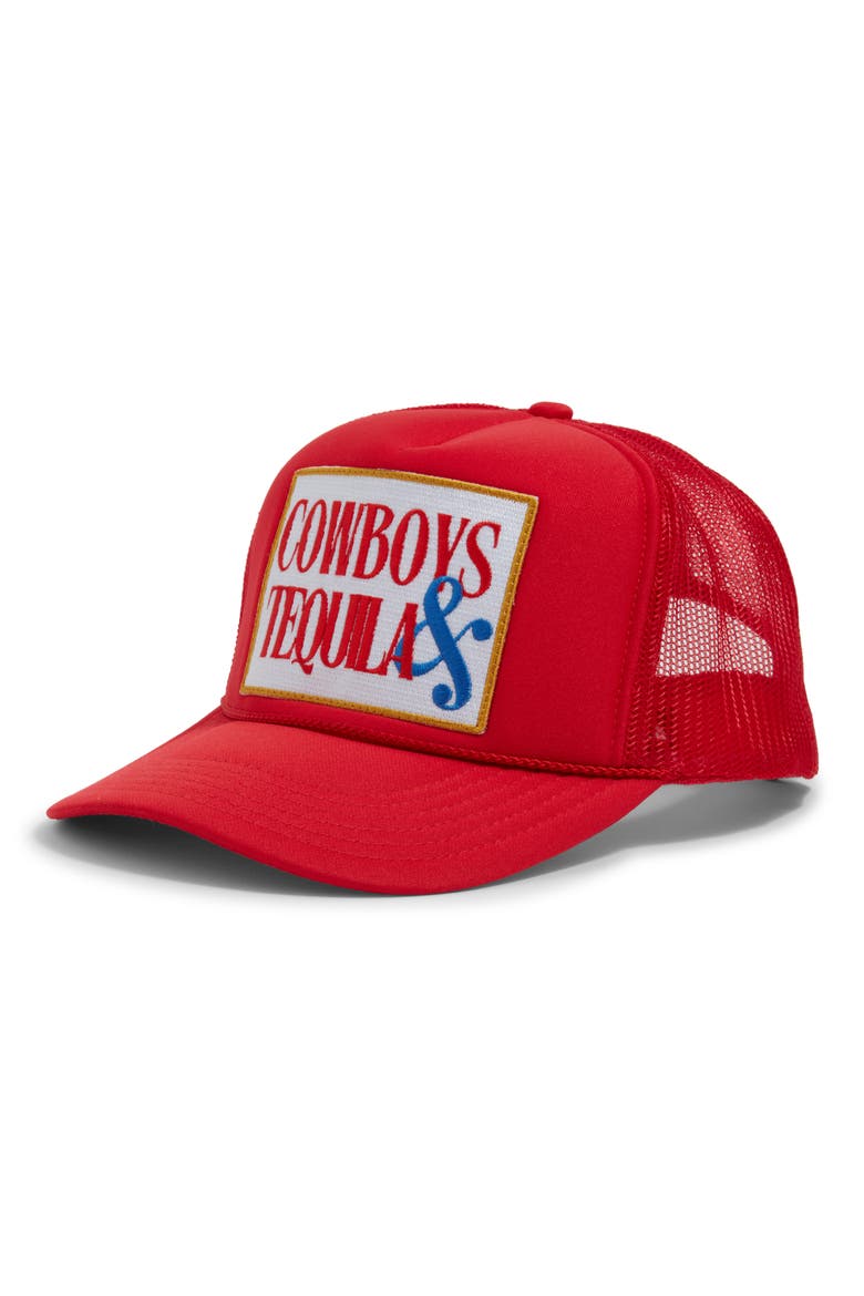 Cowboys & Tequila Patch Trucker Hat, Main, color, RED