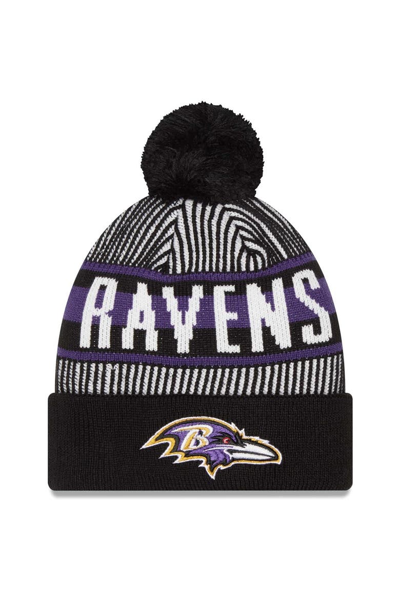 Youth New Era Black Baltimore Ravens Striped  Cuffed Knit Hat with Pom, Main, color, Black