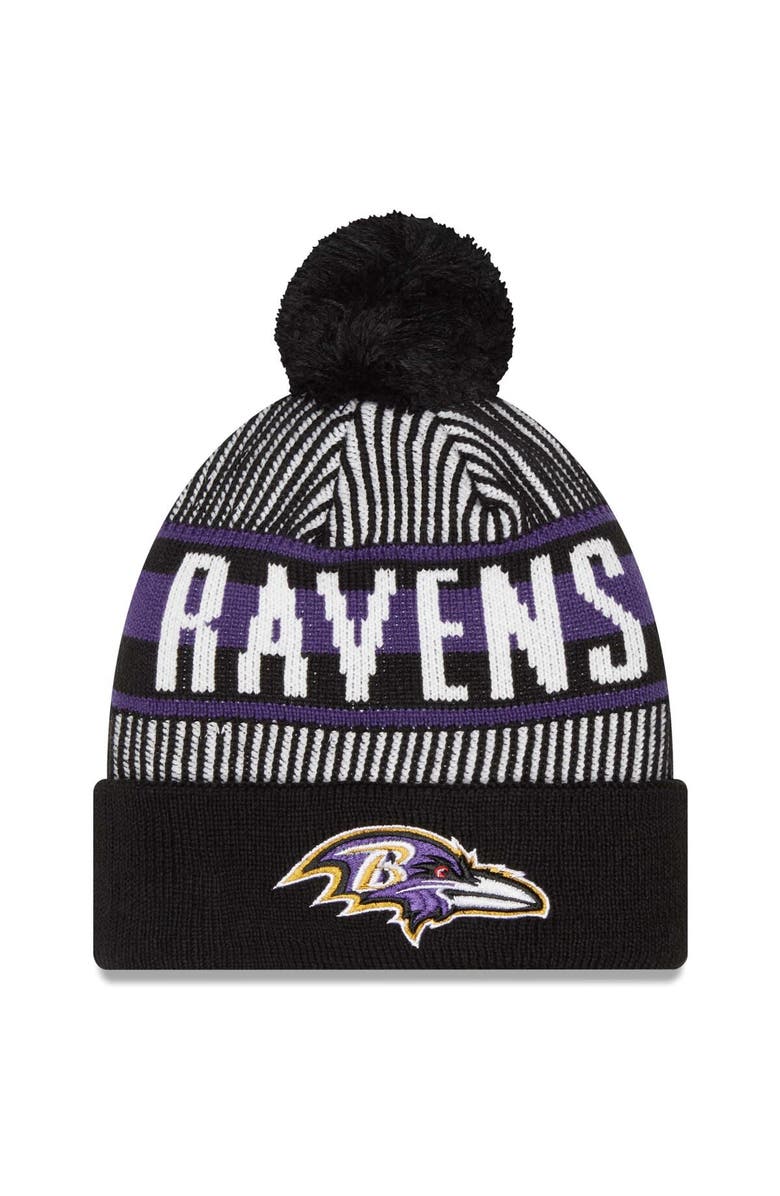 New Era Youth New Era Black Baltimore Ravens Striped  Cuffed Knit Hat with Pom, Main, color, 