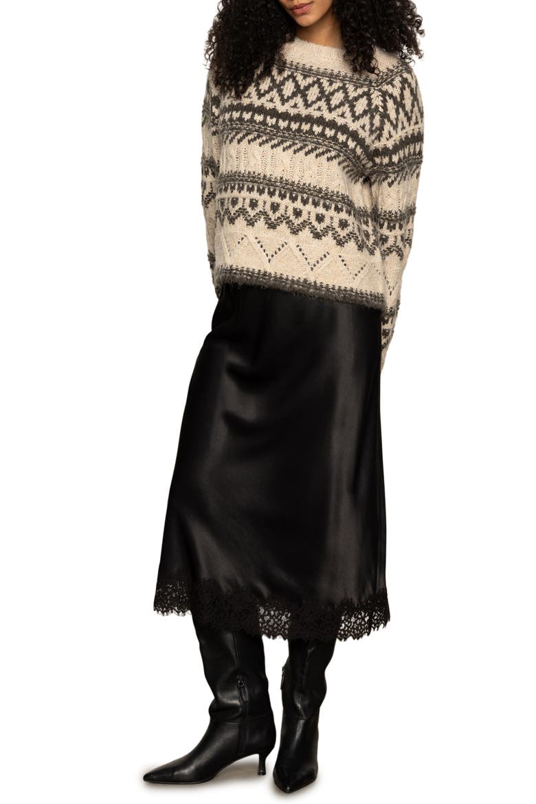 Lace Hem Satin Slip Skirt, Alternate, color, BLACK