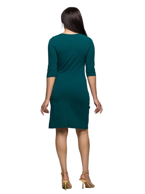 24seven Comfort Apparel Three Quarter Sleeve Ruched Tulip Hem Mini Dress In Green