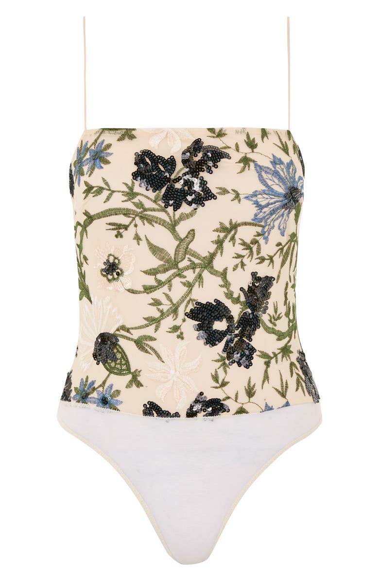 Topshop Square Neck Floral Sequin Bodysuit, Alternate, color, Nude Multi