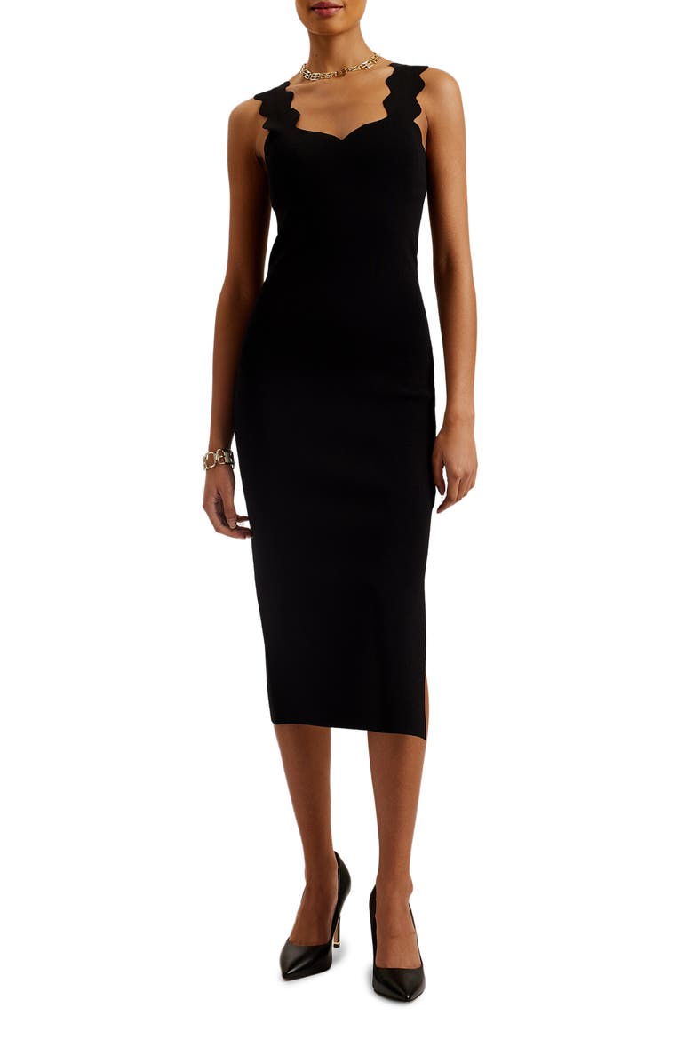 Sharmay Scallop Body-Con Midi Dress, Main, color, BLACK