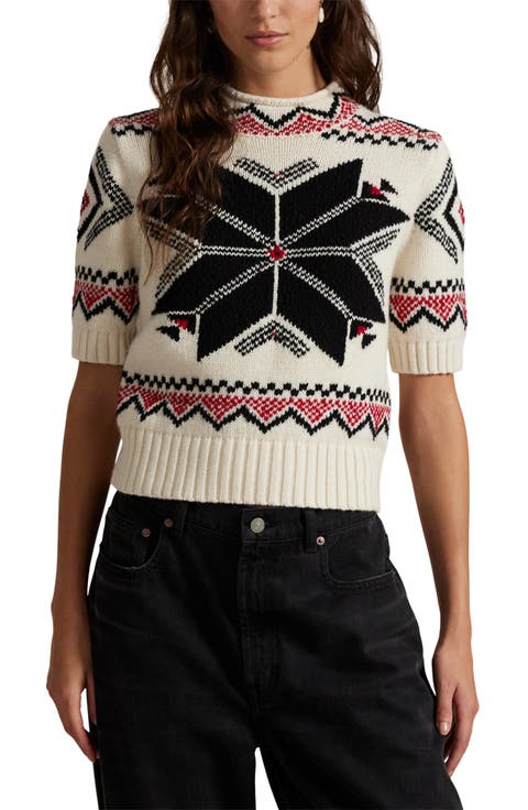 Snowflake Mock Neck Short Sleeve Wool, Cotton & Alpaca Sweater