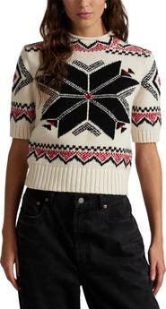Polo Ralph Lauren Snowflake Mock Neck Short Sleeve Wool, Cotton & Alpaca Sweater