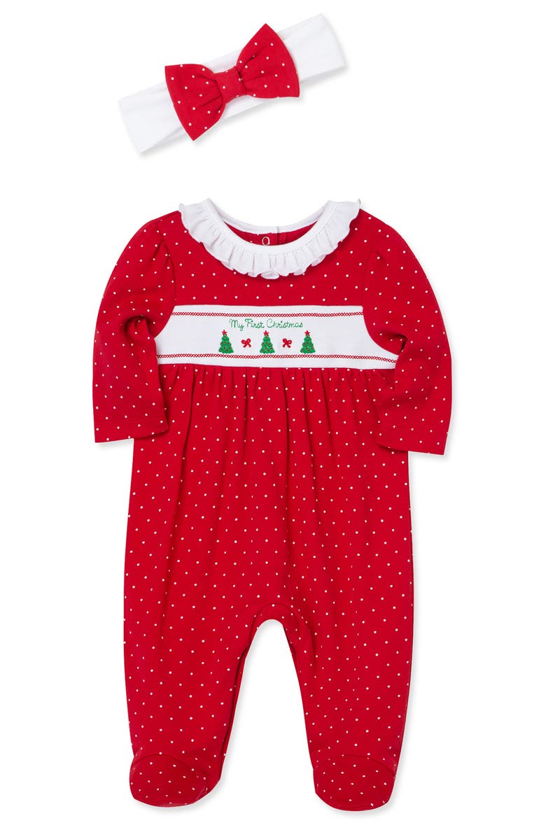 Little Me Dainty Trees Cotton Footie & Headband Set, Alternate, color, Red