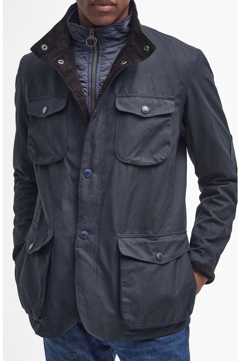 Ogston Water Resistant Waxed Cotton Jacket with Removable Quilted Bib, Main, color, NAVY