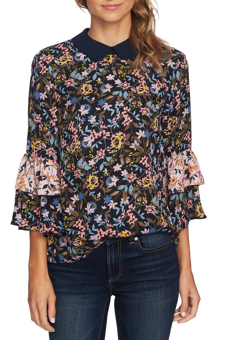 Demure Flora Ruffled Blouse, Main, color, CAVIAR