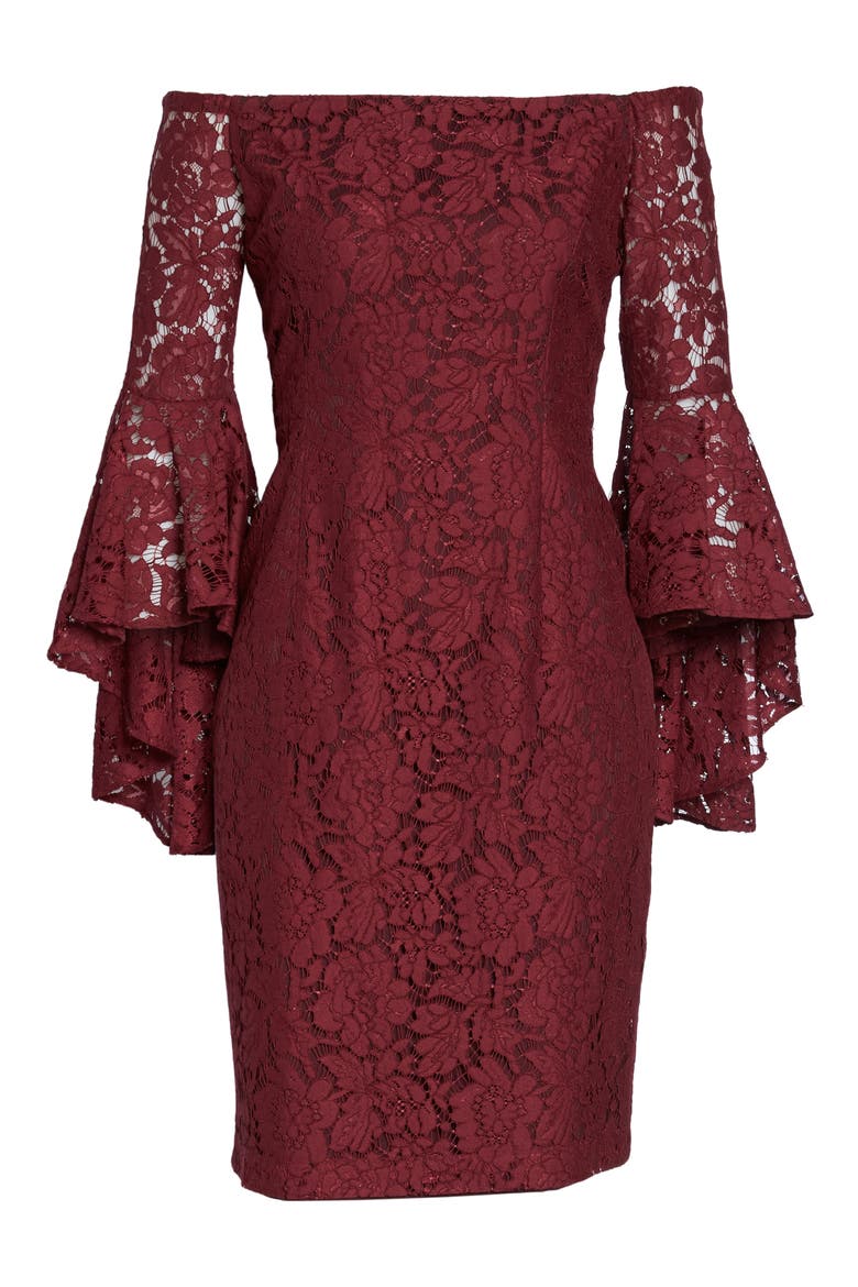 Off the Shoulder Lace Dress, Alternate, color, BURGUNDY LONDON