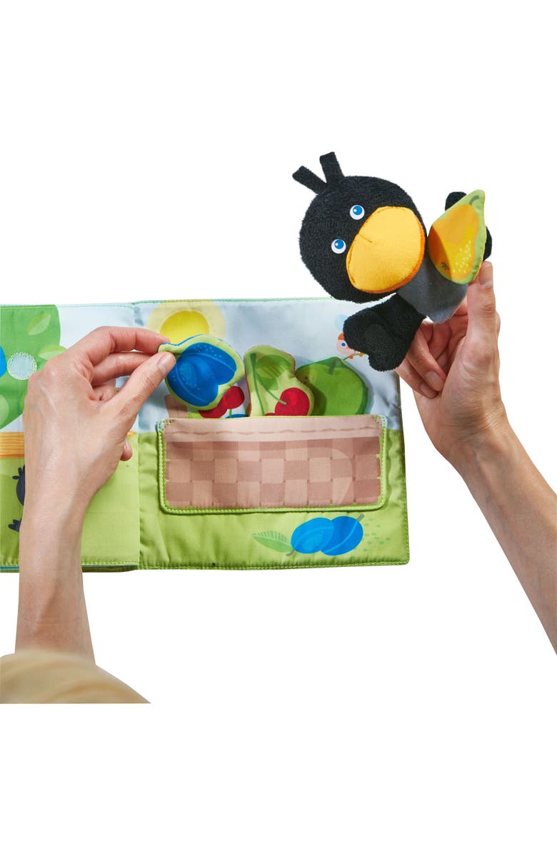 HABA Baby Soft Book and Interactive Busy Book for Babies 6-12 Months, Orchard Theme with Raven Finger Puppet and Fruit Basket, Alternate, color, Multi