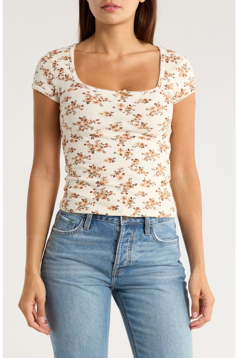 Square Neck Cap Sleeve Top, Main, color, IVORY/ BROWN RIBBON COMBO