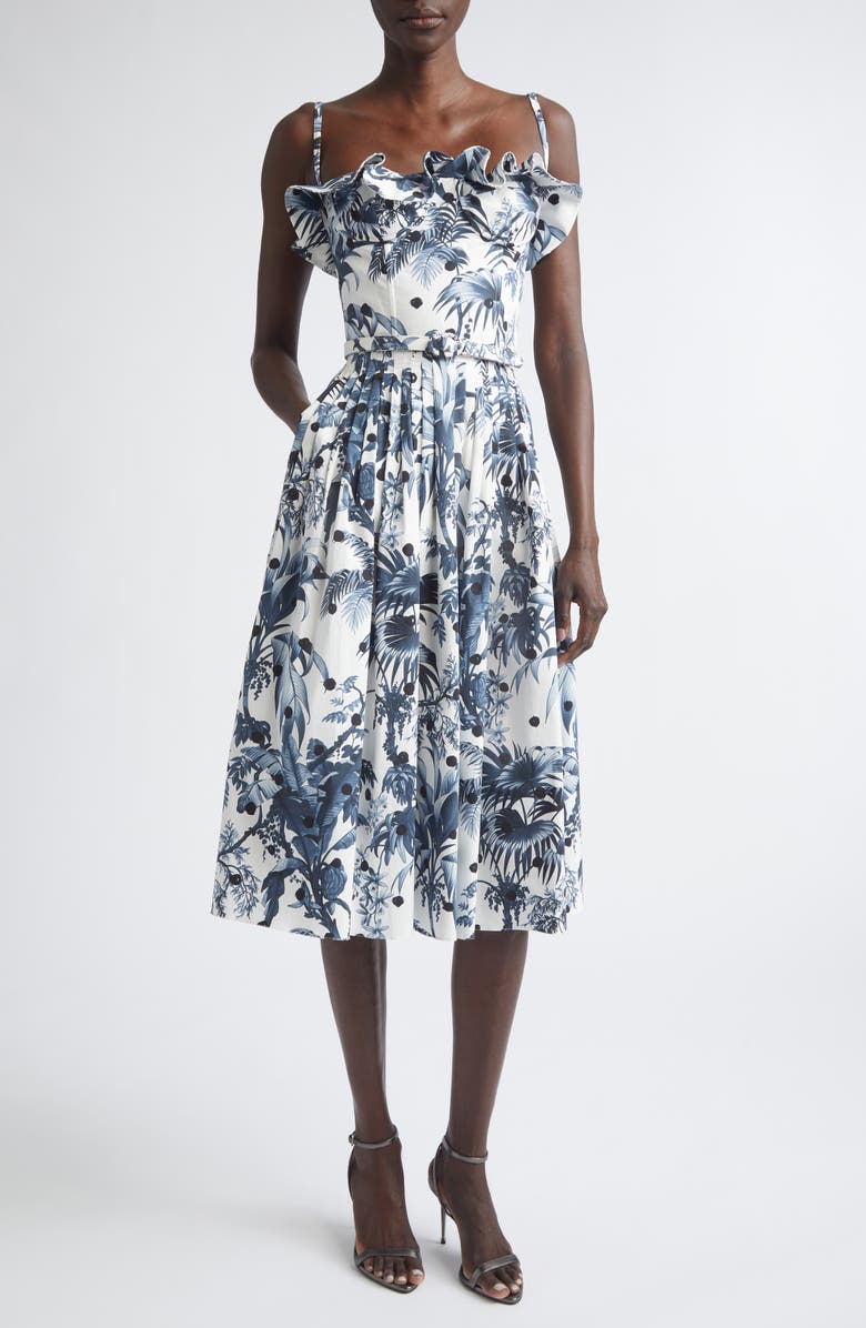 Oscar de la Renta Dotted Palm Leaves Poplin Sundress, Main, color, Navy/ White