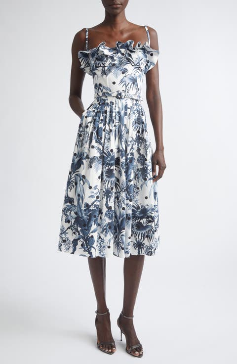 Dotted Palm Leaves Poplin Sundress