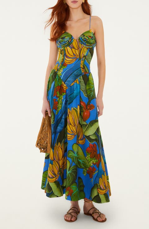 Fruit Print Linen Blend Maxi Dress