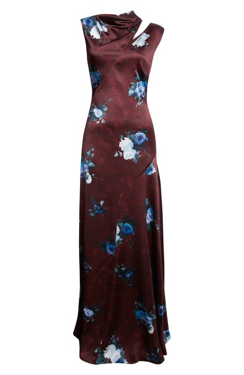 Erdem Abstract Rose Print Cutout Satin Gown In Brown