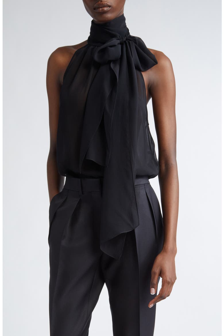 Silk Georgette Tie Neck Top, Main, color, BLACK