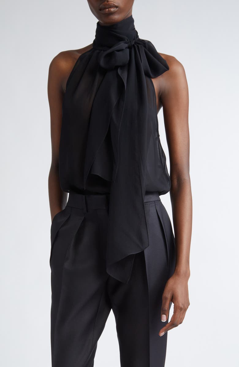 TOM FORD Silk Georgette Tie Neck Top, Main, color, Black
