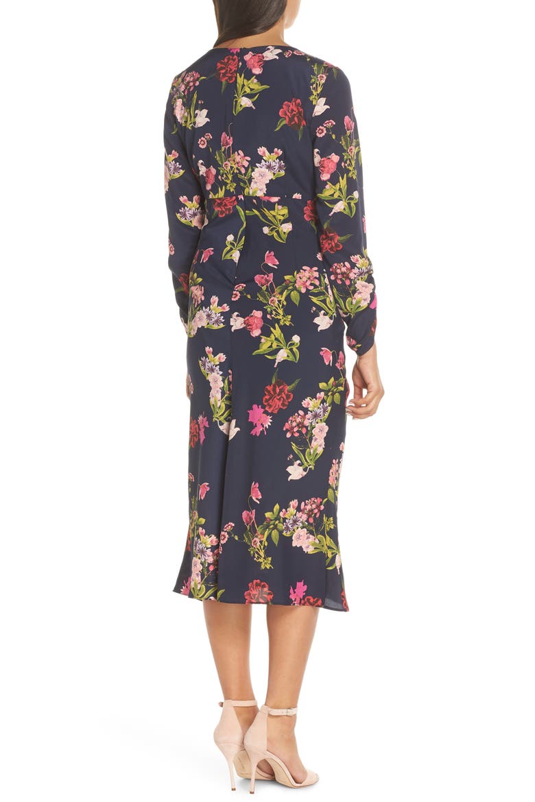 Floral Ruched Midi Dress, Alternate, color, NAVY