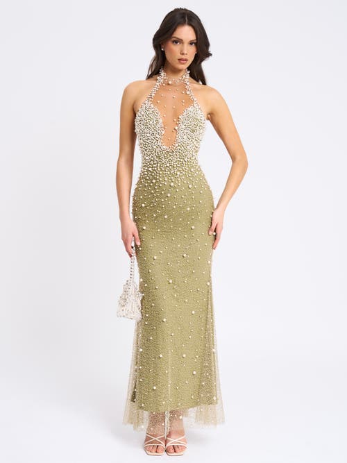 Miss Circle Women Ginny Pear Green Pearl Embellished Backless Gown In Gray