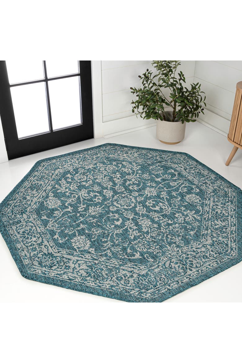 Tela Bohemian Textured Weave Floral Octagon Indoor/Outdoor Area Rug, Alternate, color, Teal/Gray