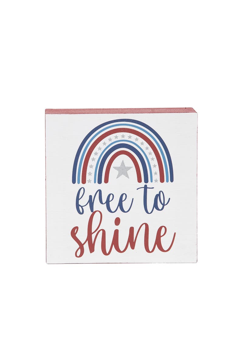 "Free to Shine" Rainbow Decorative Shelf Block Figurine 4.75", Main, color, White