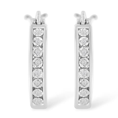 Silver Diamond Accent Channel Style Hoop Earring