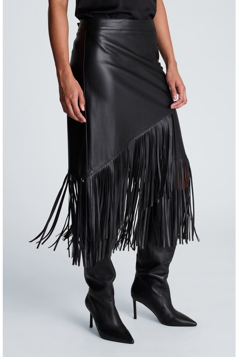 Fringe Asymmetric Faux Leather Midi Skirt, Alternate, color, BLACK