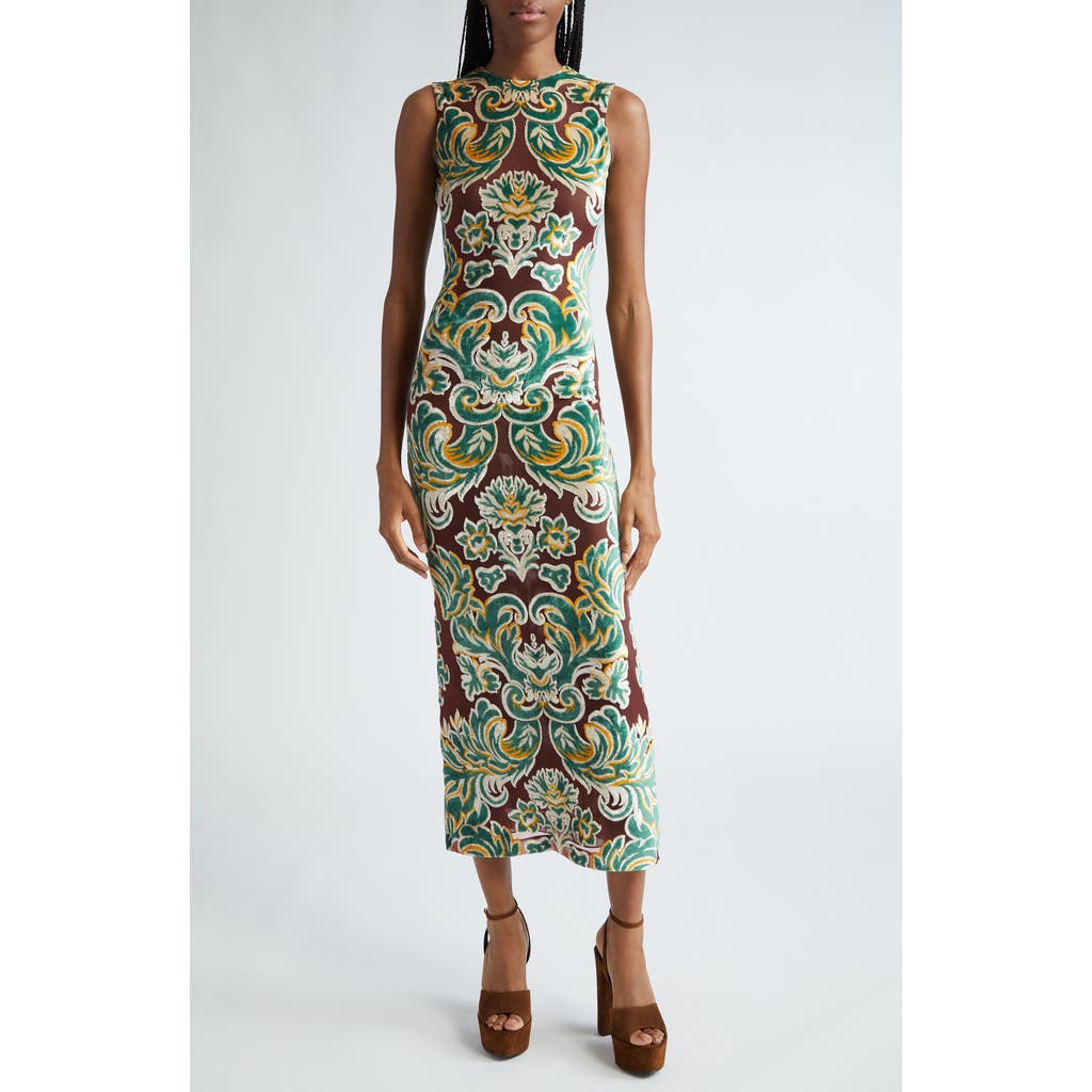 Etro Paisley Print Sleeveless Mesh Body-con Dress In Burgundy