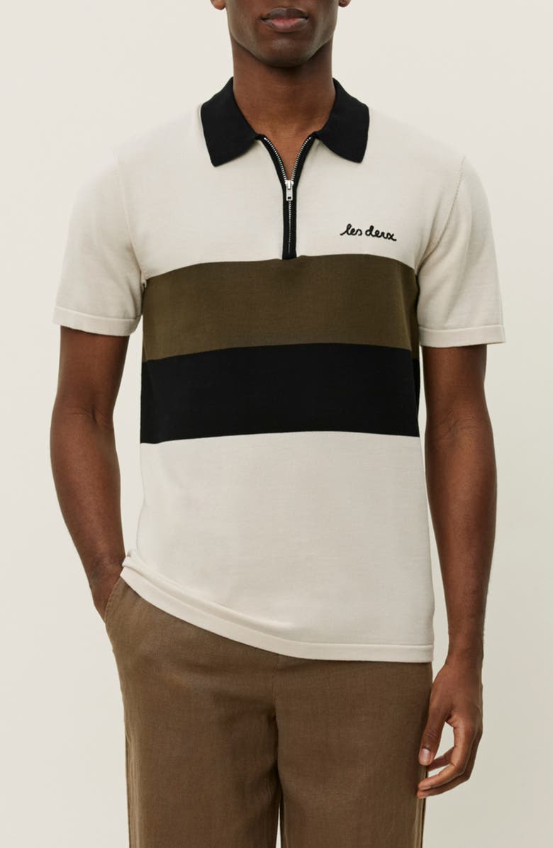 Les Deux Raul Colorblock Stripe Zip Polo, Main, color, Ivory