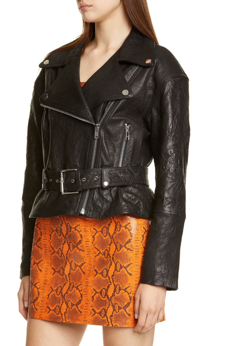 GRLFRND Charlie Belted Crinkled Leather Moto Jacket, Alternate, color,
