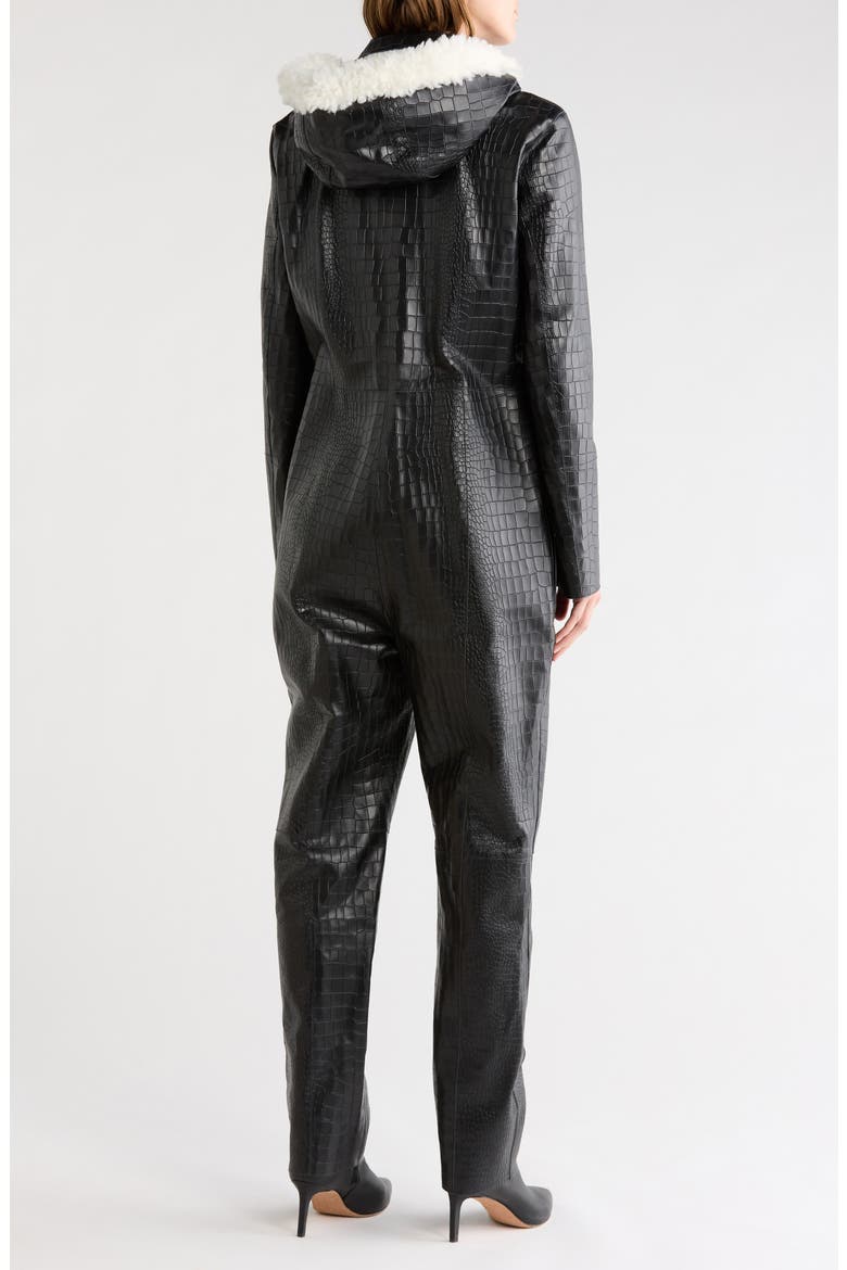 Croc Embossed Leather Trousers with Shearling Trim, Alternate, color, BLACK