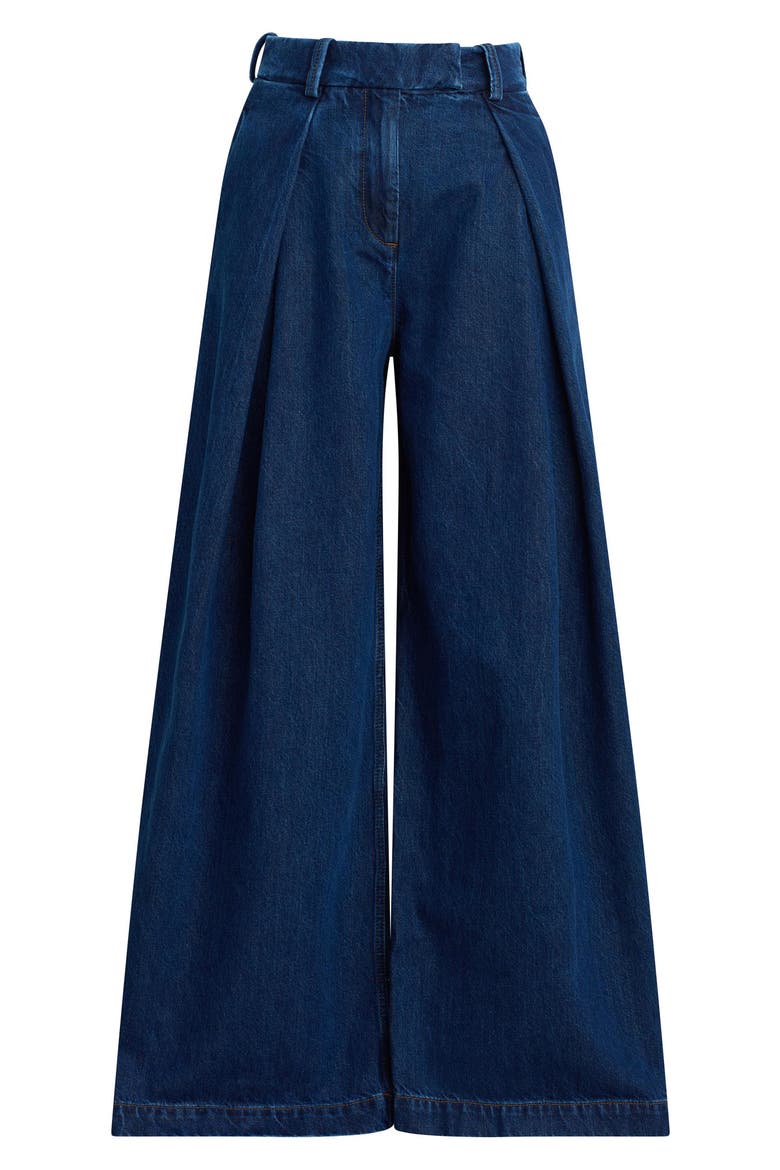 The Petite Pleats High Waist Wide Leg Jeans, Alternate, color, DARK SEA
