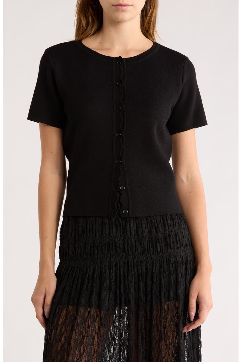 Scallop Short Sleeve Knit Cardigan, Main, color, BLACK