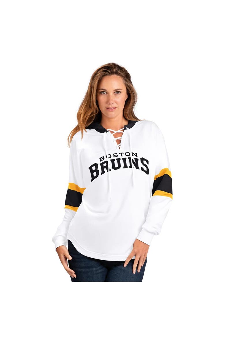 Women's G-III 4Her by Carl Banks  White Boston Bruins Goal Zone Long Sleeve Lace-Up Hoodie T-Shirt, Alternate, color, White