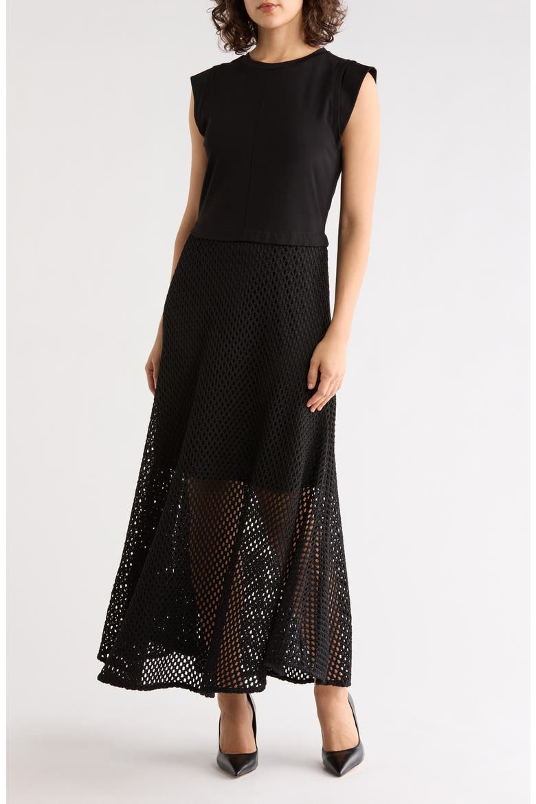 Mesh Trim Dress, Main, color, BLACK