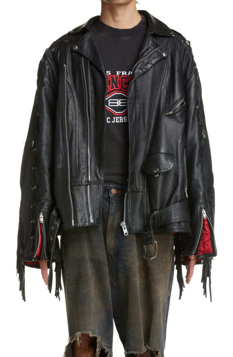 Balenciaga Fringe Detail Leather Biker Jacket, Main, color, 