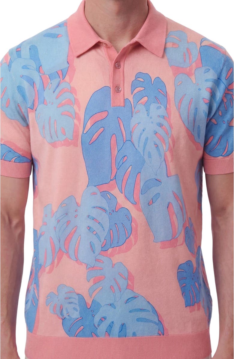 Lords of Harlech Monstera Floral Mens Merino Silk Cashmere Polo, Alternate, color, Monstera Floral Coral