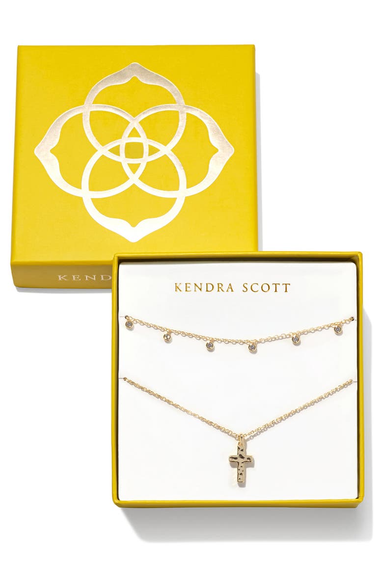 Kendra Scott Amelia Cubic Zirconia Station Necklace & Cross Pendant Necklace Gift Set, Main, color, Gold White Crystal