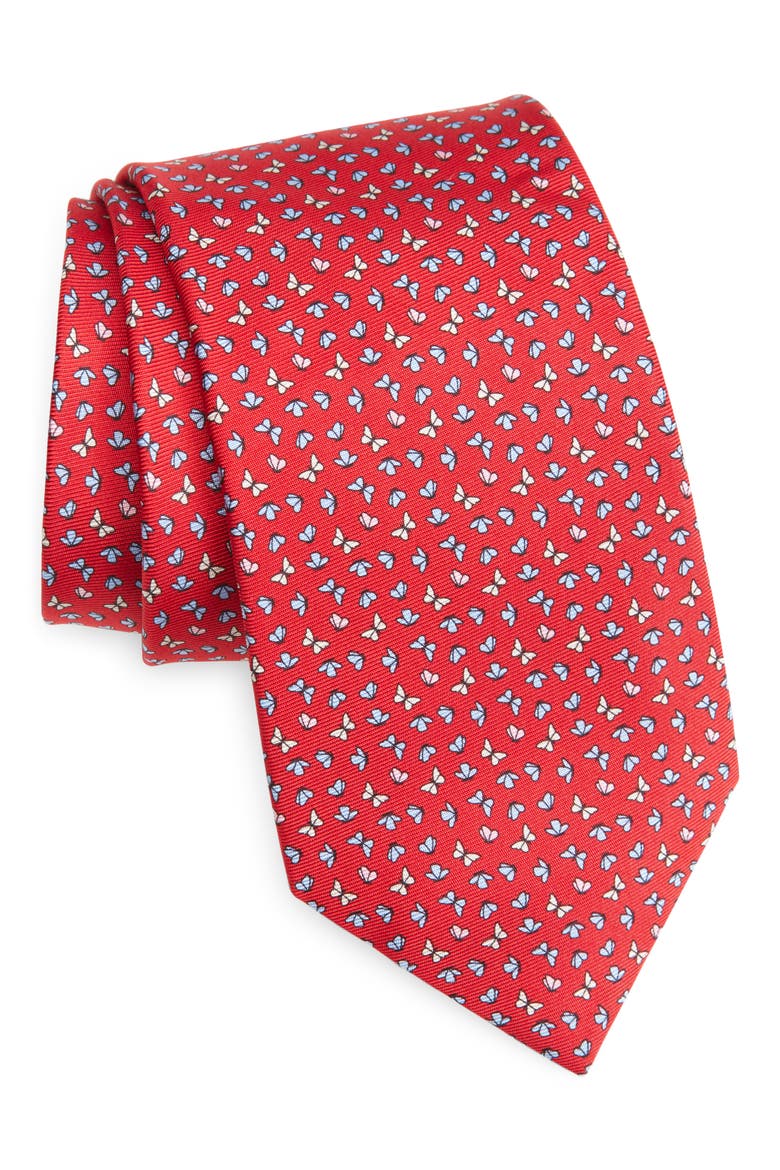 Butterfly Print Silk Tie, Main, color, RED