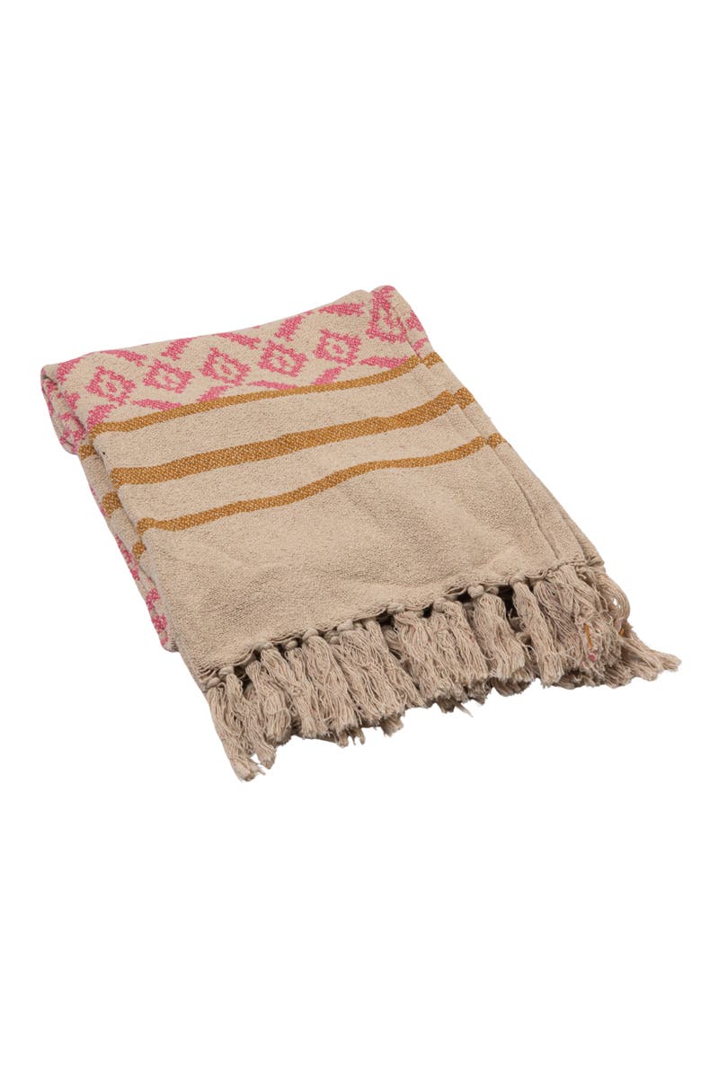 Storied Home Woven Cotton Blend Jacquard Throw with Pattern, Stripes and Tassels, Multicolor, Main, color, Beige