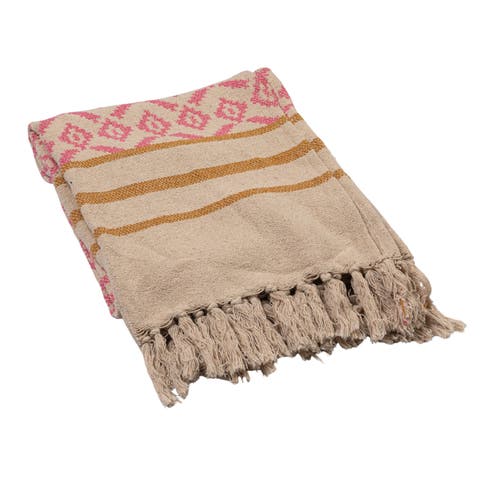 Woven Cotton Blend Jacquard Throw with Pattern, Stripes and Tassels, Multicolor