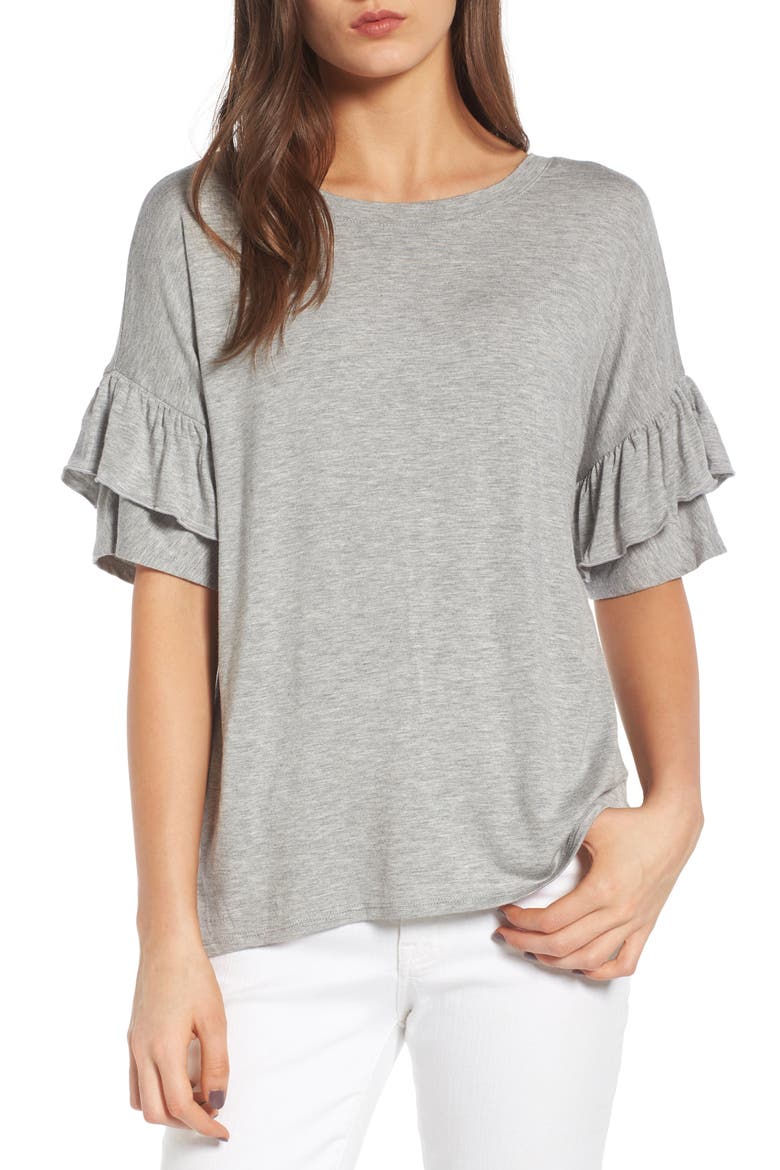 Ruffle Sleeve Tee, Main, color, GREY HEATHER